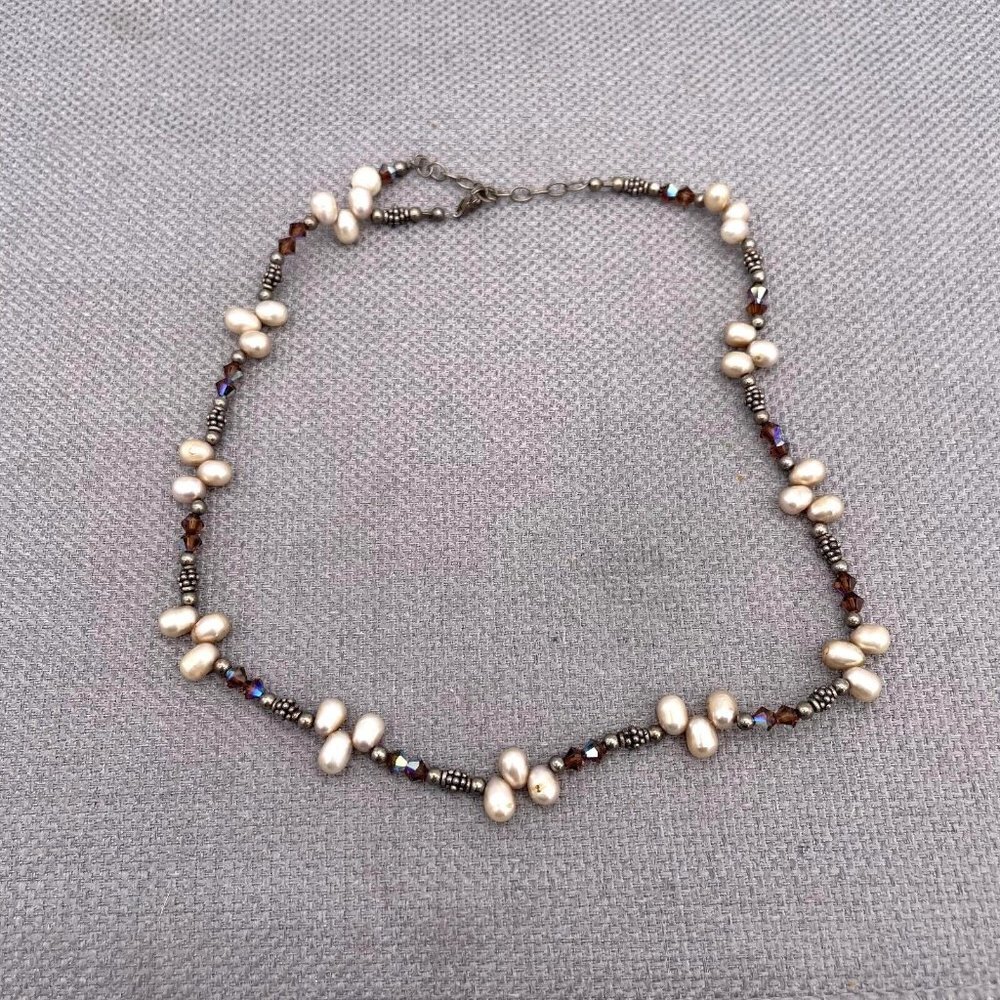 925 Sterling Silver Pearl Faceted Beaded Necklace Adjustable 14 to 17 Inch - Picture 3 of 6